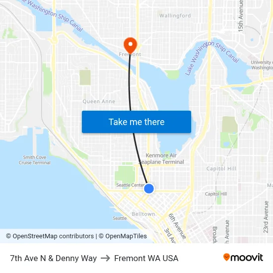 7th Ave N & Denny Way to Fremont WA USA map