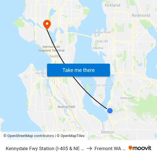 Kennydale Fwy Station (I-405 & NE 30th St) to Fremont WA USA map