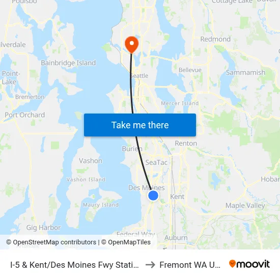 I-5 & Kent/Des Moines Fwy Station to Fremont WA USA map