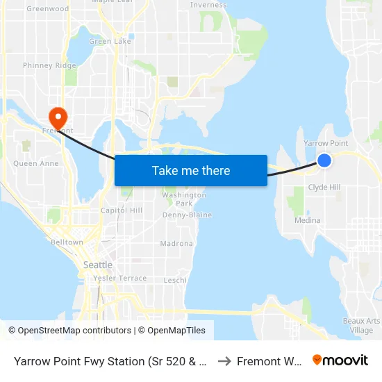 Yarrow Point Fwy Station (Sr 520 & 92nd Ave Ne) to Fremont WA USA map