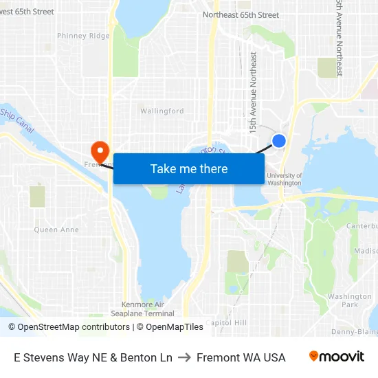 E Stevens Way NE & Benton Ln to Fremont WA USA map
