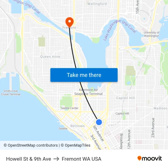 Howell St & 9th Ave to Fremont WA USA map
