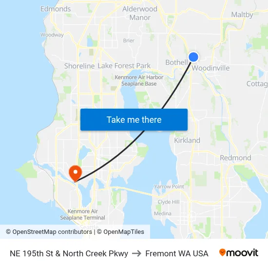 NE 195th St & North Creek Pkwy to Fremont WA USA map