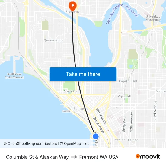 Columbia St & Alaskan Way to Fremont WA USA map