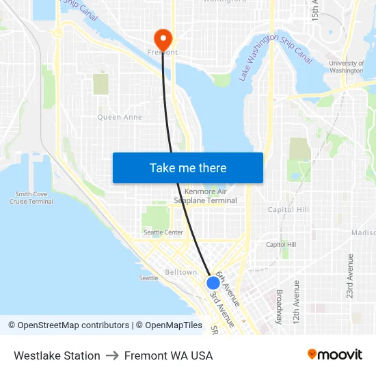 Westlake Station to Fremont WA USA map