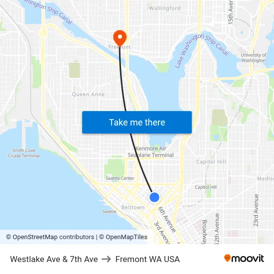 Westlake Ave & 7th Ave to Fremont WA USA map