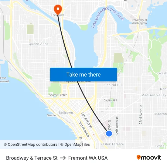 Broadway & Terrace St to Fremont WA USA map