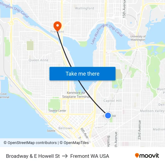 Broadway & E Howell St to Fremont WA USA map