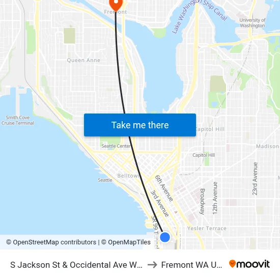 S Jackson St & Occidental Ave Walk to Fremont WA USA map