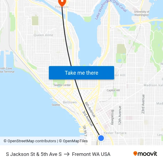 S Jackson St & 5th Ave S to Fremont WA USA map