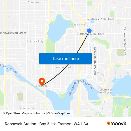 Roosevelt Station - Bay 3 to Fremont WA USA map