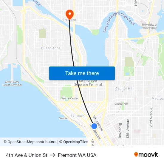 4th Ave & Union St to Fremont WA USA map