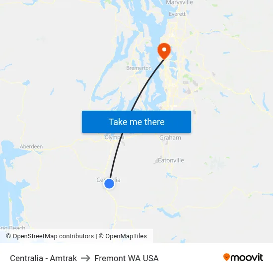 Centralia - Amtrak to Fremont WA USA map