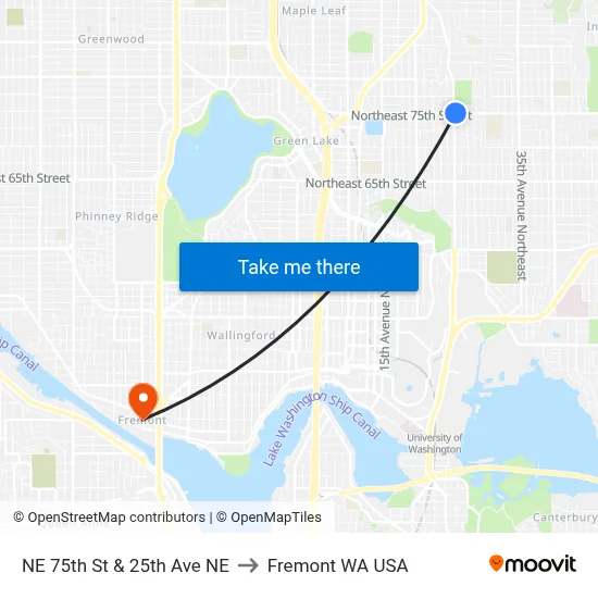 NE 75th St & 25th Ave NE to Fremont WA USA map