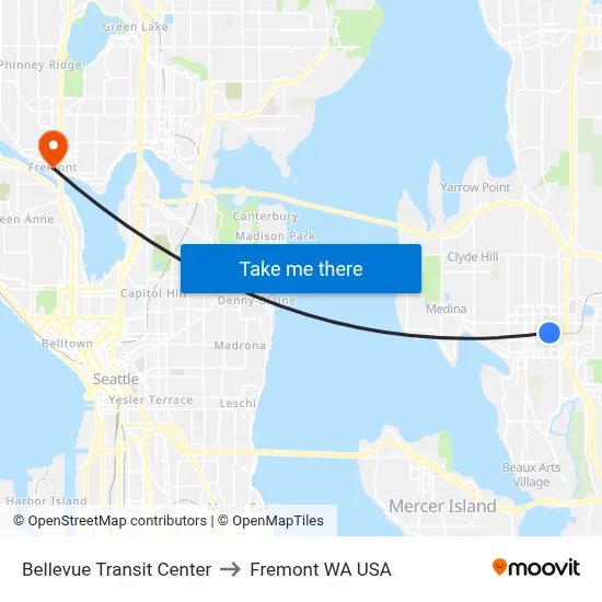 Bellevue Transit Center to Fremont WA USA map