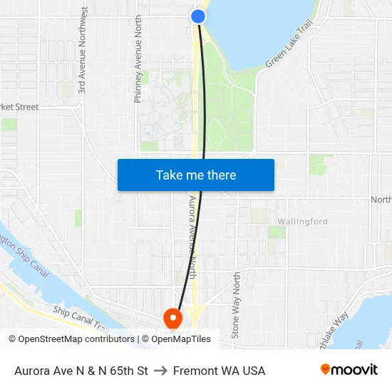 Aurora Ave N & N 65th St to Fremont WA USA map