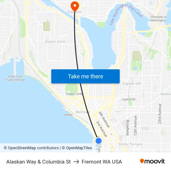 Alaskan Way & Columbia St to Fremont WA USA map