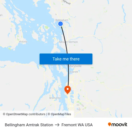 Bellingham Amtrak Station to Fremont WA USA map