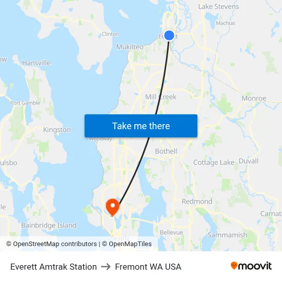 Everett Amtrak Station to Fremont WA USA map