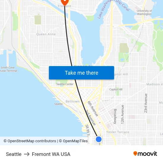 Seattle to Fremont WA USA map