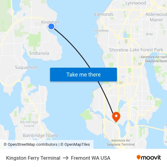 Kingston Ferry Terminal to Fremont WA USA map