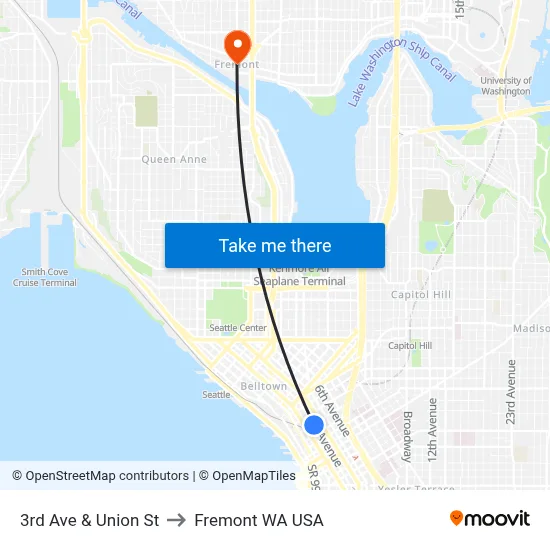 3rd Ave & Union St to Fremont WA USA map