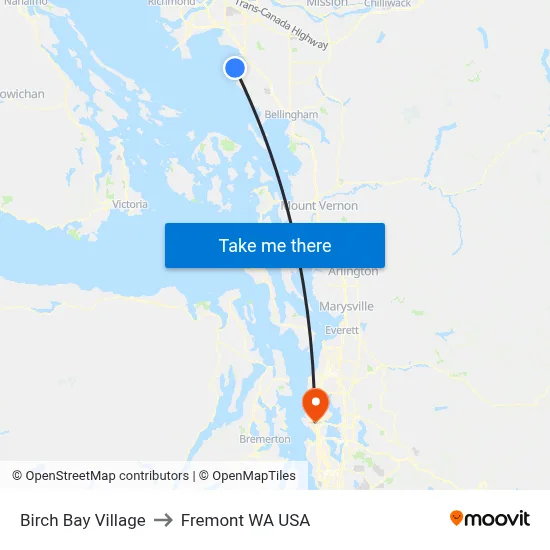 Birch Bay Village to Fremont WA USA map