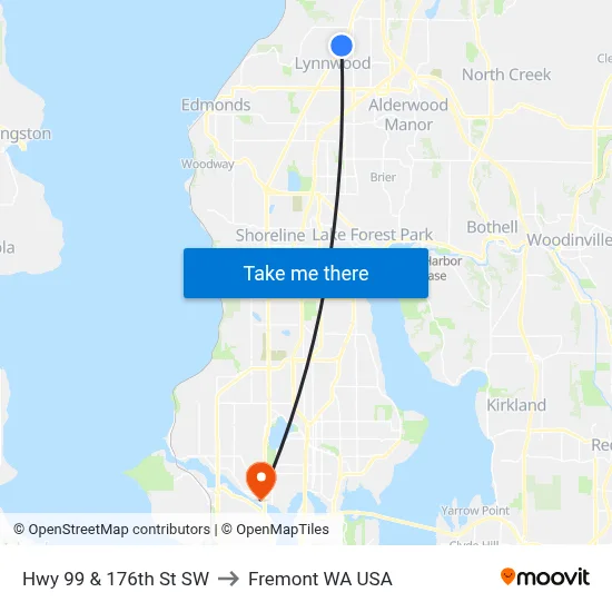 Hwy 99 & 176th St SW to Fremont WA USA map