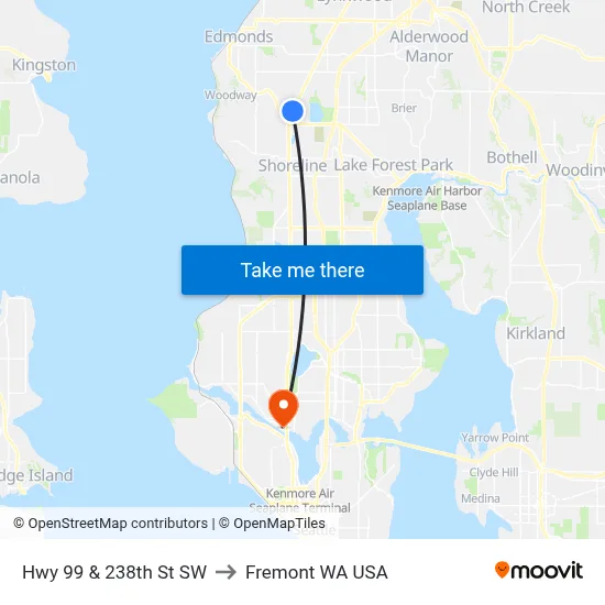 Hwy 99 & 238th St SW to Fremont WA USA map