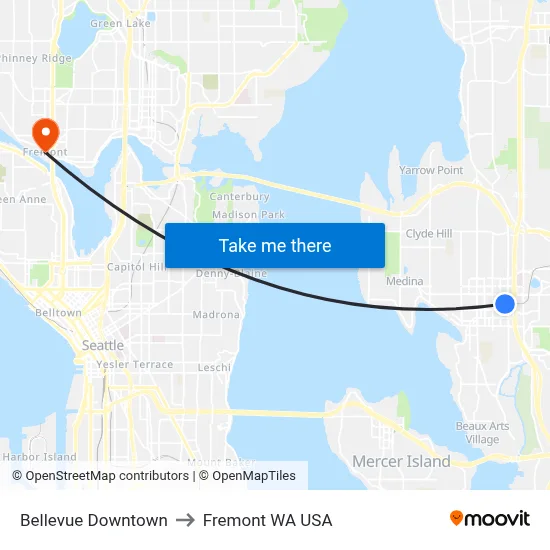 Bellevue Downtown to Fremont WA USA map