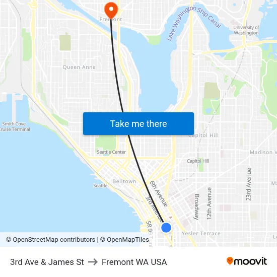 3rd Ave & James St to Fremont WA USA map