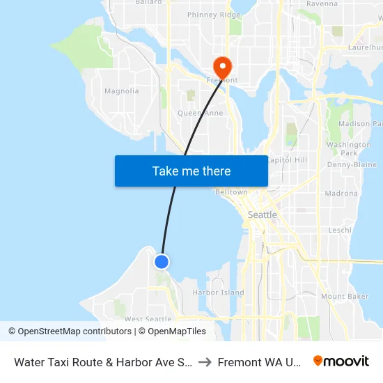 Water Taxi Route & Harbor Ave Sw to Fremont WA USA map