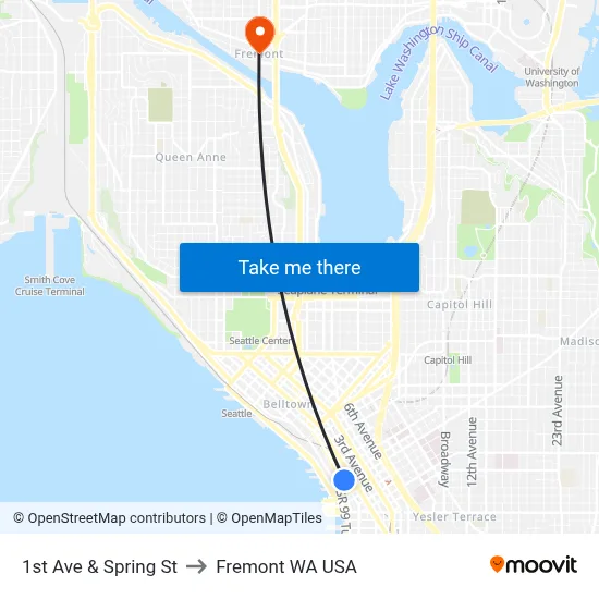 1st Ave & Spring St to Fremont WA USA map