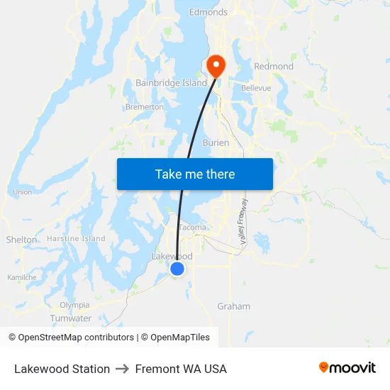 Lakewood Station to Fremont WA USA map
