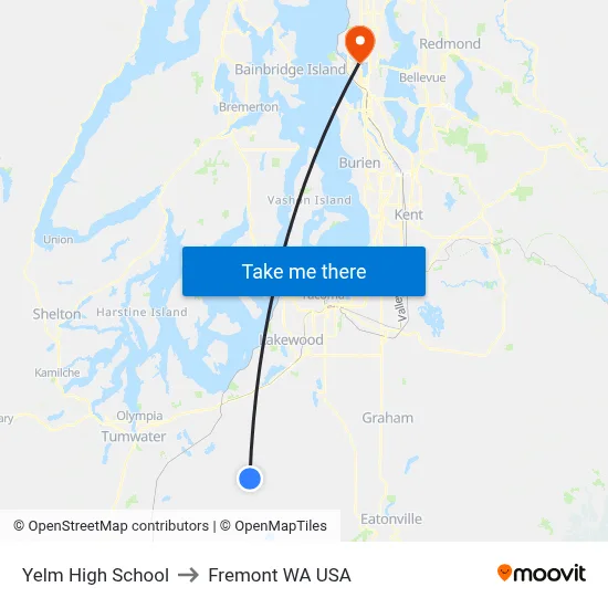 Yelm High School to Fremont WA USA map