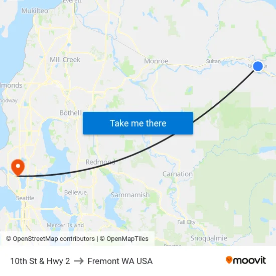 10th St & Hwy 2 to Fremont WA USA map