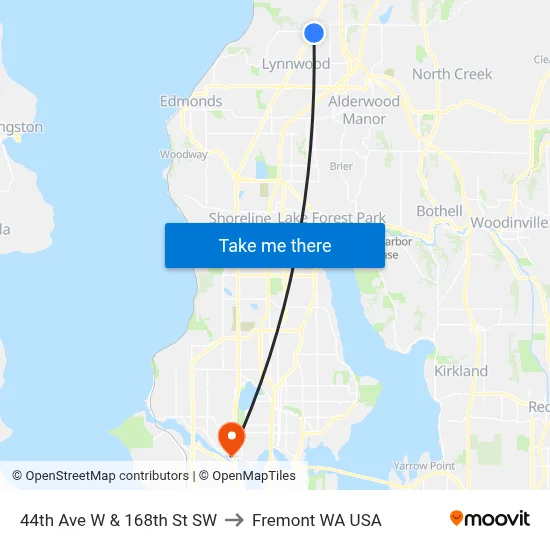 44th Ave W & 168th St SW to Fremont WA USA map