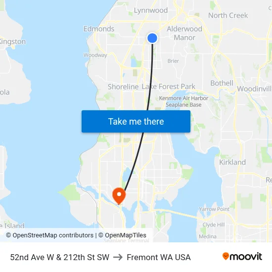 52nd Ave W & 212th St SW to Fremont WA USA map