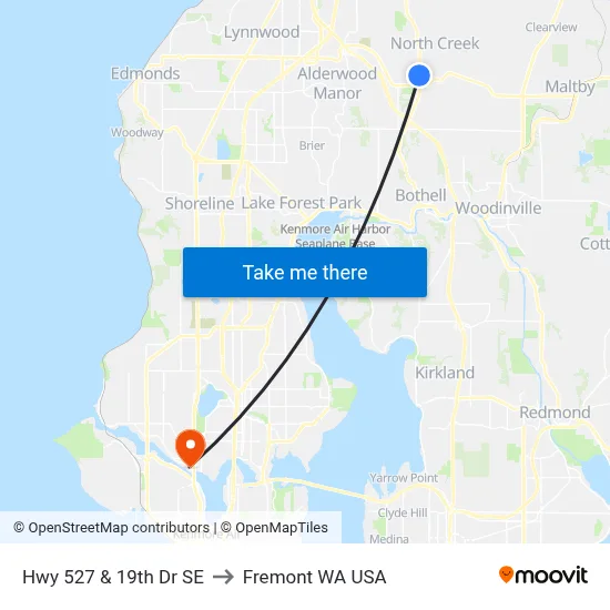 Hwy 527 & 19th Dr SE to Fremont WA USA map