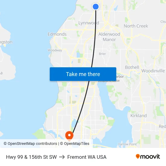 Hwy 99 & 156th St SW to Fremont WA USA map