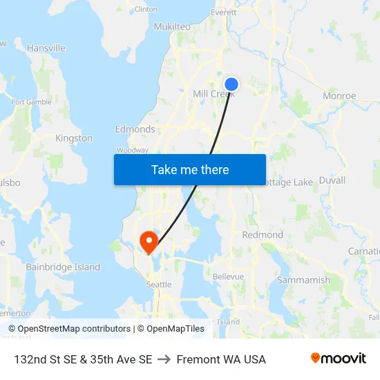 132nd St SE & 35th Ave SE to Fremont WA USA map