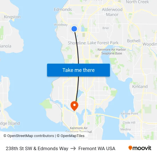 238th St SW & Edmonds Way to Fremont WA USA map