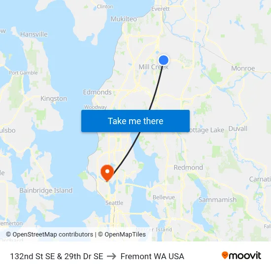 132nd St SE & 29th Dr SE to Fremont WA USA map