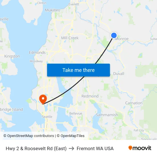 Hwy 2 & Roosevelt Rd (East) to Fremont WA USA map