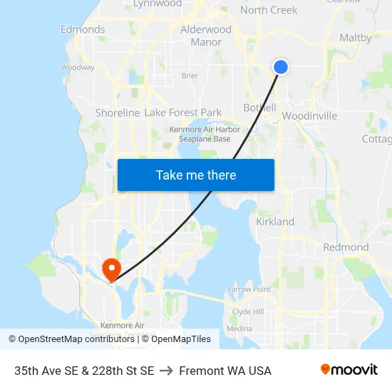 35th Ave SE & 228th St SE to Fremont WA USA map