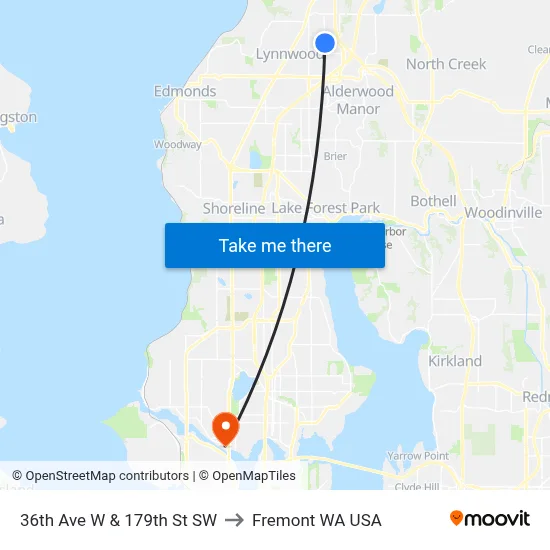 36th Ave W & 179th St SW to Fremont WA USA map