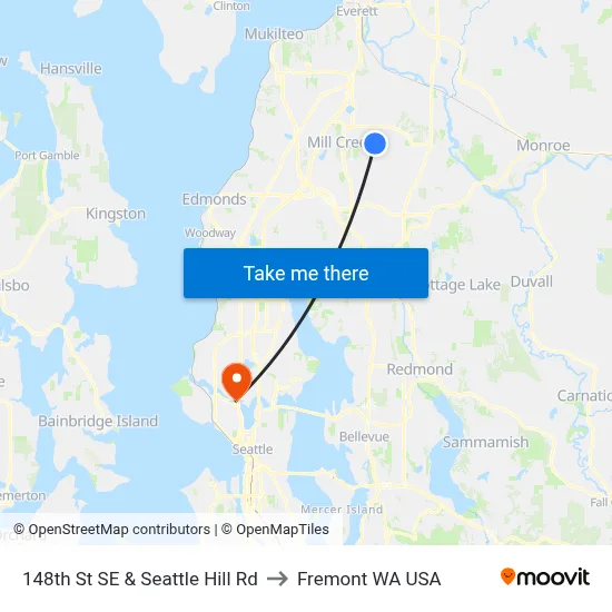 148th St SE & Seattle Hill Rd to Fremont WA USA map