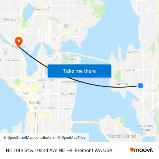 NE 10th St & 102nd Ave NE to Fremont WA USA map