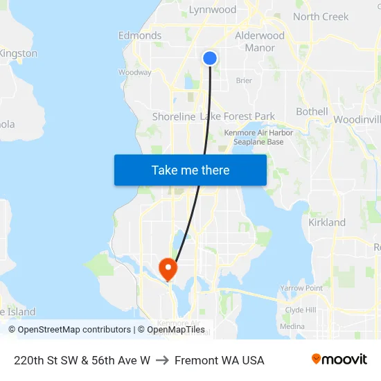 220th St SW & 56th Ave W to Fremont WA USA map