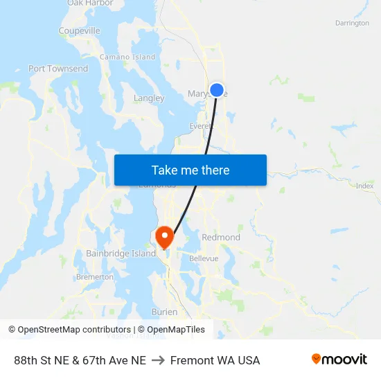 88th St NE & 67th Ave NE to Fremont WA USA map
